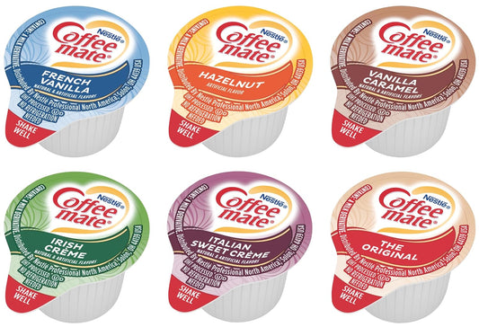 Coffee mate Liquid Creamer Singles Variety Pack, Original, French Vanilla, Hazelnut, Irish Crème, Italian Sweet Crème, Vanilla Caramel, 6 flavors x 30 ct, 180/Box and By the Cup Sugar Packets