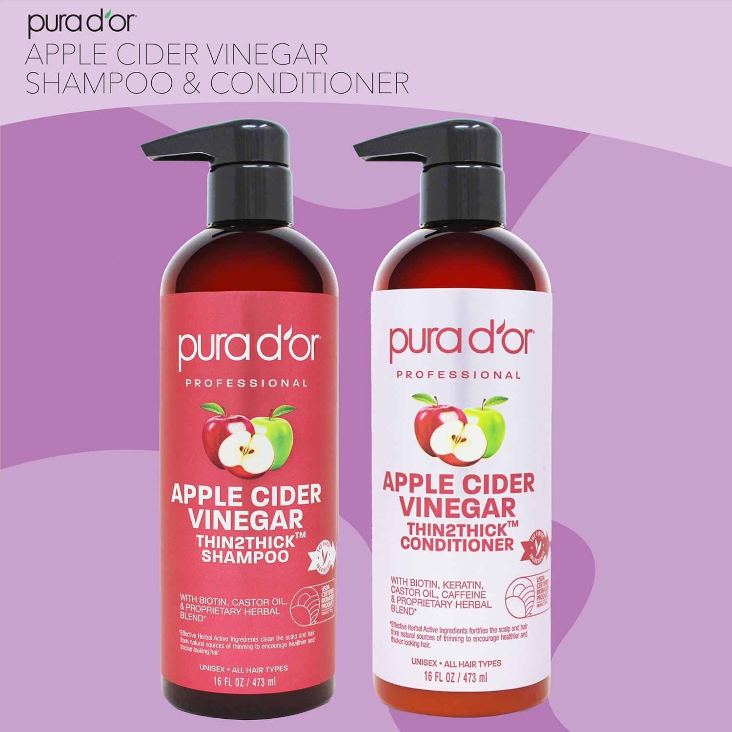 Pura D'Or Apple Cider Vinegar Thin2Thick Set (16Oz X 2) Acv Shampoo & Conditioner, Clarifying - Biotin, Keratin, Caffeine, Castor Oil, Aloe - All Hair Types, Men & Women (Packaging May Vary) : Beauty & Personal Care