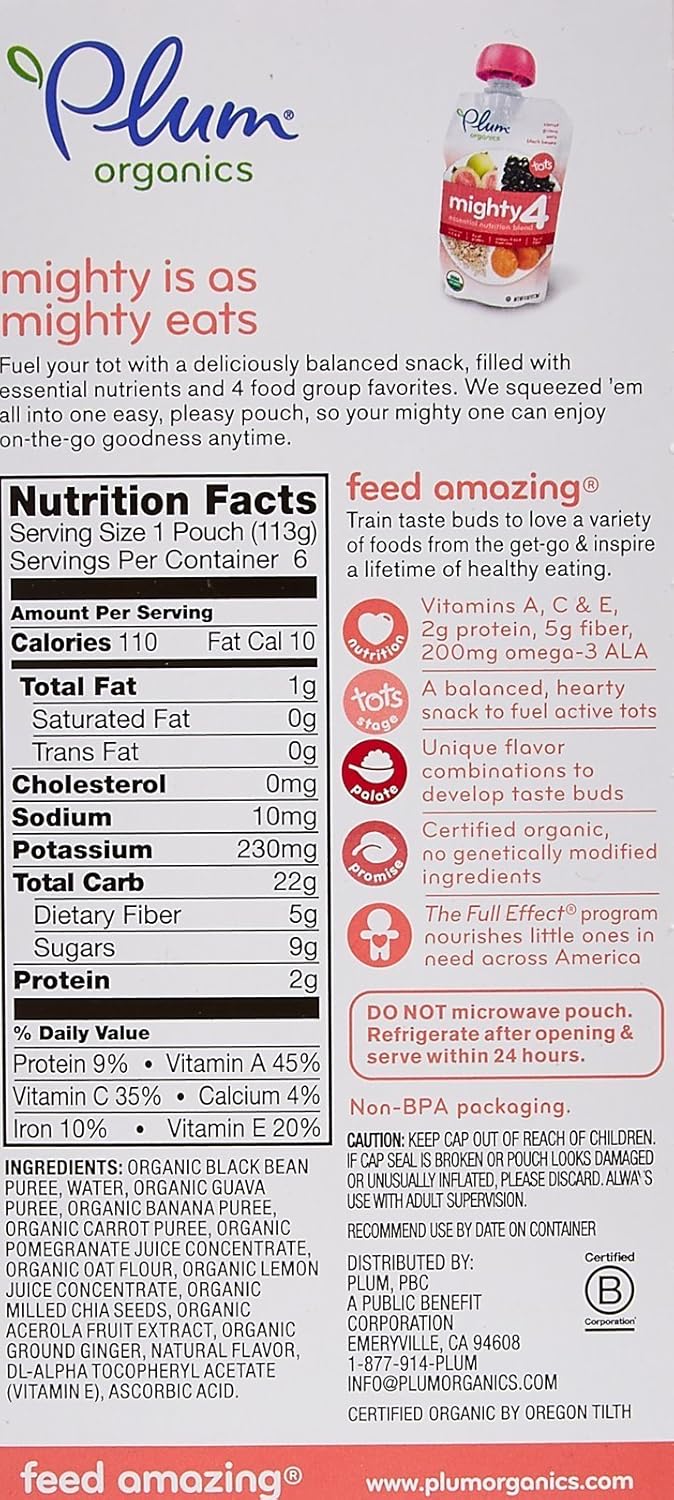 Plum Organics Tots Baby Food Pouch | Mighty 4 | Carrot, Guava, Oats, Black Beans | 4 Ounce | 6 Pack | Organic Food Squeeze For Babies, Kids, Toddlers