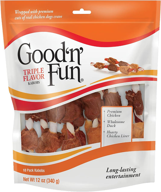 Good ’N’ Fun Triple Flavor Kabobs 18 Count, Rawhide Snack For All Dogs (3 Pack)