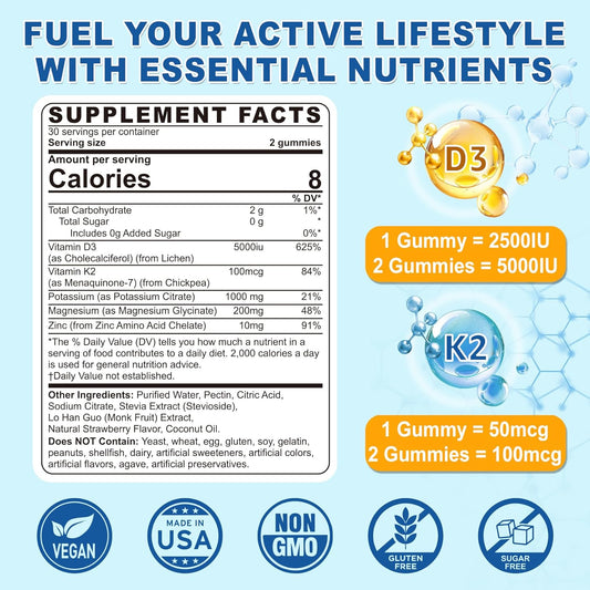 Vitamin D3 5000 Iu & K2 (Mk-7) 100 Mcg Gummies, Vegan D3 K2 Supplement W/1000 Mg Potassium Citrate, Magnesium Glycinate & Zinc For Bone, Muscle, Nerve, Electrolyte & Immune Support, Sugar Free, 60Cts