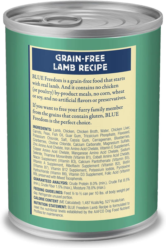 Blue Buffalo Freedom Grain-Free Wet Dog Food, Free Of Glutens & Artificial Preservatives, Made With Natural Ingredients, Lamb Recipe, 12.5-Oz. Cans (12 Count)