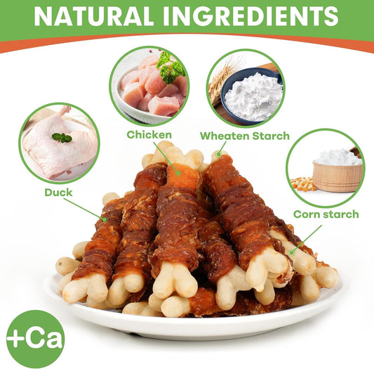 Mon2Sun Double Flavor Dog Treats, 4 Inch Chicken And Duck Wrapped Calcium Bones, Rawhide Free Dog Chews For Small Dogs, Teeth Cleaning Dog Bones, 10.58Oz (15 Count-Pack Of 1)