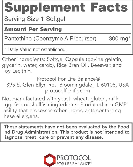 Protocol Pantethine 300mg - Active Form of Vitamin B5 - Liver Support* - Support Cholesterol Already Within Normal Range* - Pantethine Vitamin Supplement - 60 Softgels