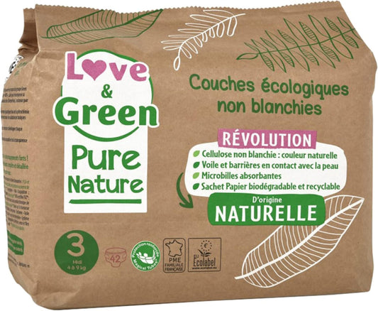 Love & Green Organic Diapers Pure Nature 42 Diapers Size 3 Midi (4 To 9Kg)