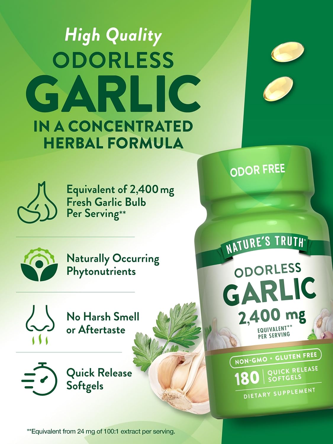 Nature's Truth Odorless Garlic Softgels | 2400mg | 180 Count | Non-GMO & Gluten Free Supplement : Health & Household