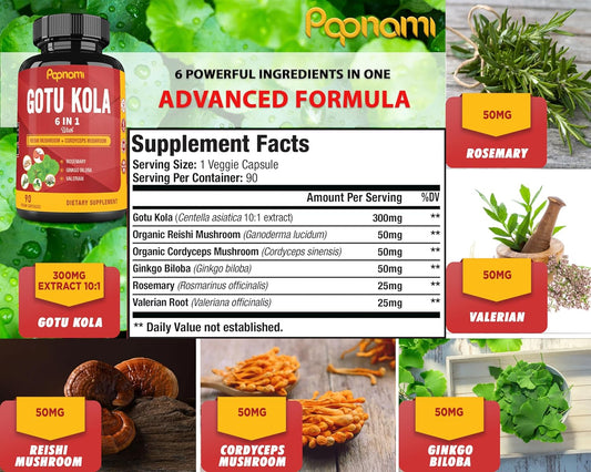 Organic Gotu Kola Extract Capsules With Reishi, Cordyceps, Rosemary, Gingko Biloba & Valerian Root - 90 Counts For 3 Months - Supports Brain, Immunity, Skin & Heart Health