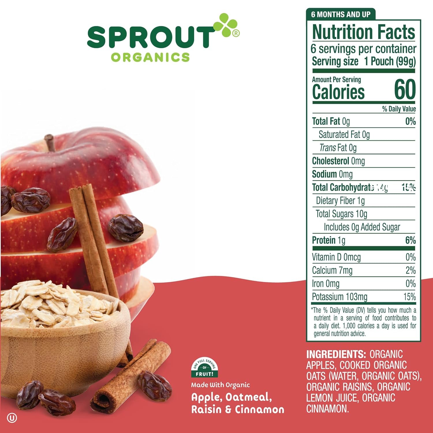 Sprout Organic Baby Food, Stage 2 Pouches, Apple Oatmeal Raisin With Cinnamon, 3.5 Oz Purees (Pack Of 12)