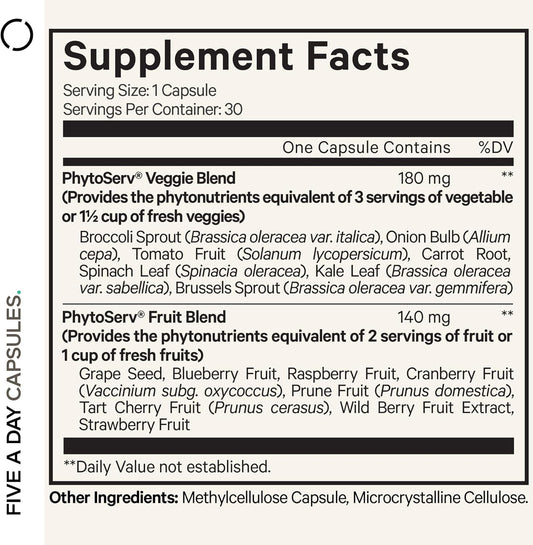 Codeage 5 Servings Of Fruits & Veggies Equivalent In 1 Single Capsule - Whole Food Instantfood With 15 Greens & Fruits In All-In-One Pill, Eat Vegetables - Vegan Vitamins Supplement - Non-Gmo - 30 Ct