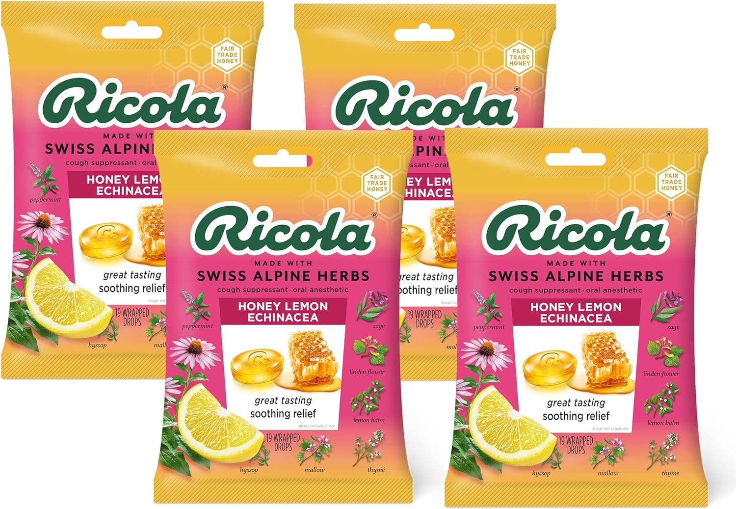 Ricola Honey Lemon w/Echinacea Herbal Cough Suppressant Throat Drops, 19ct Bag (Pack of 4)