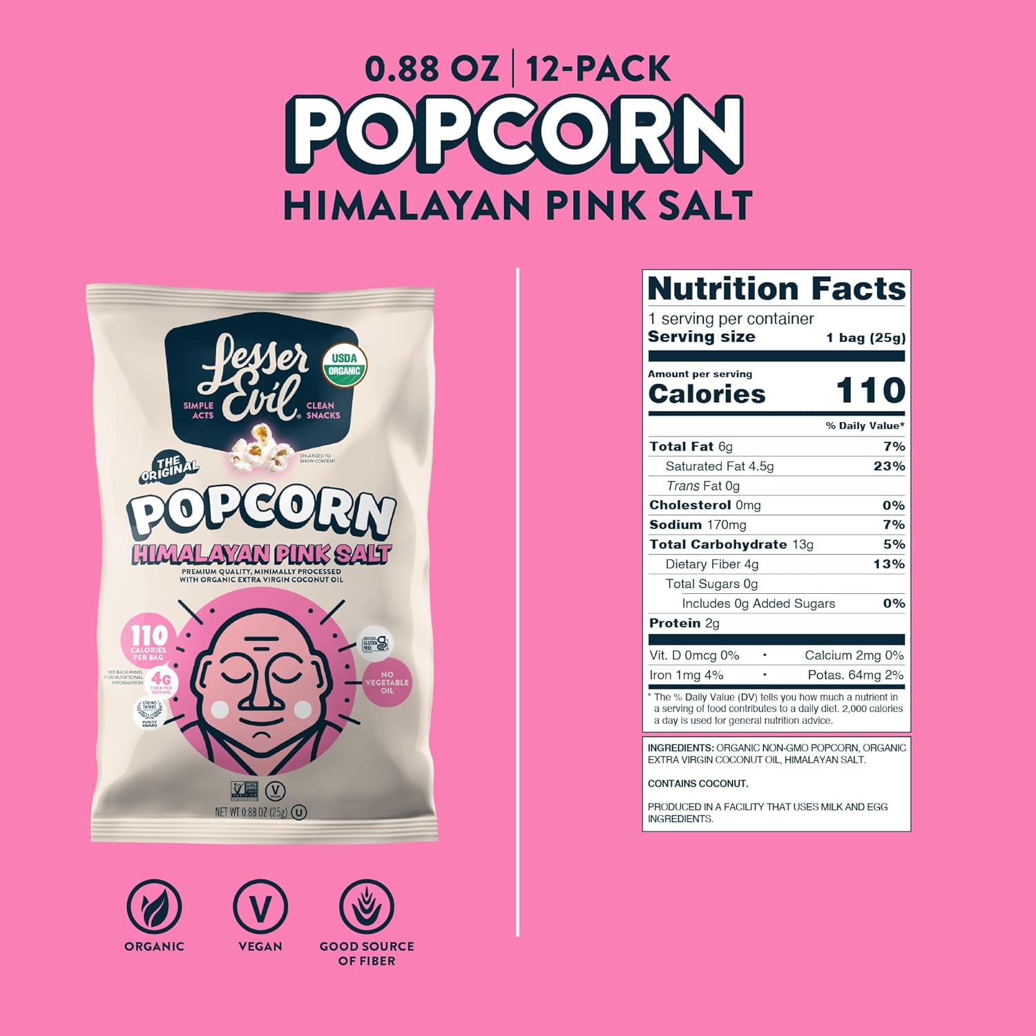 Lesserevil Himalayan Pink Salt Organic Popcorn, No Artificial Ingredients, Coconut Oil, Pack Of 12, 0.88 Oz Bags