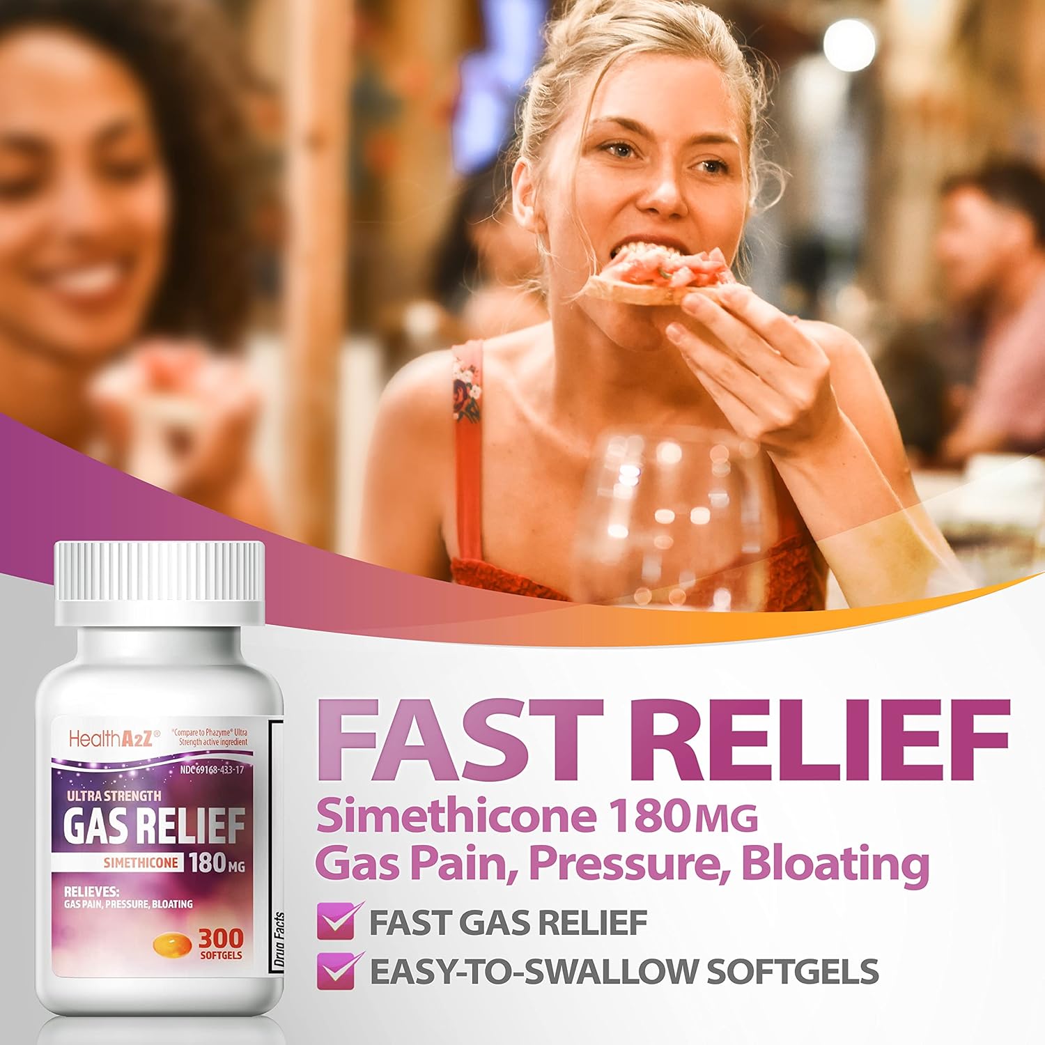 HealthA2Z® Gas Relief Simethicone 180mg | Ultra Strength | Relieves from Stomach Discomfort and Gas | Anti Flatulence | Relieves Gas Fast (300 Count (Pack of 1)) : Health & Household