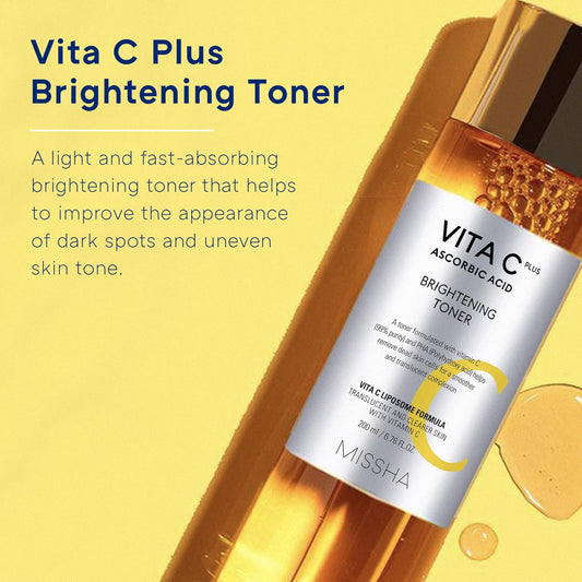Missha Vita C Plus Brightening Toner 6.76 Fl Oz/200Ml, Lightweight, Fast-Absorbing Facial Toner, Vitamin C Skin Care For Dark Spots & Uneven Tone, Korean Skin Care For Dull, Oily Skin