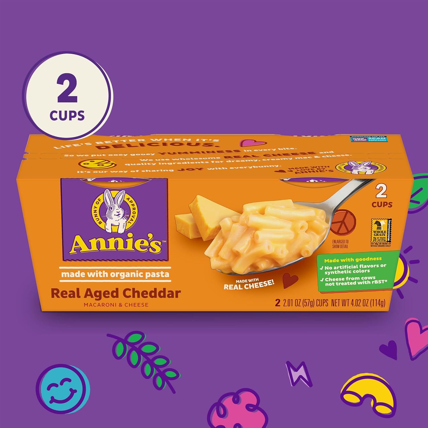 Annie'S Macaroni And Cheese, Real Aged Cheddar & Organic Pasta, Microwaveable Cups, 2 Cups, 4.02 Oz. (Pack Of 6)