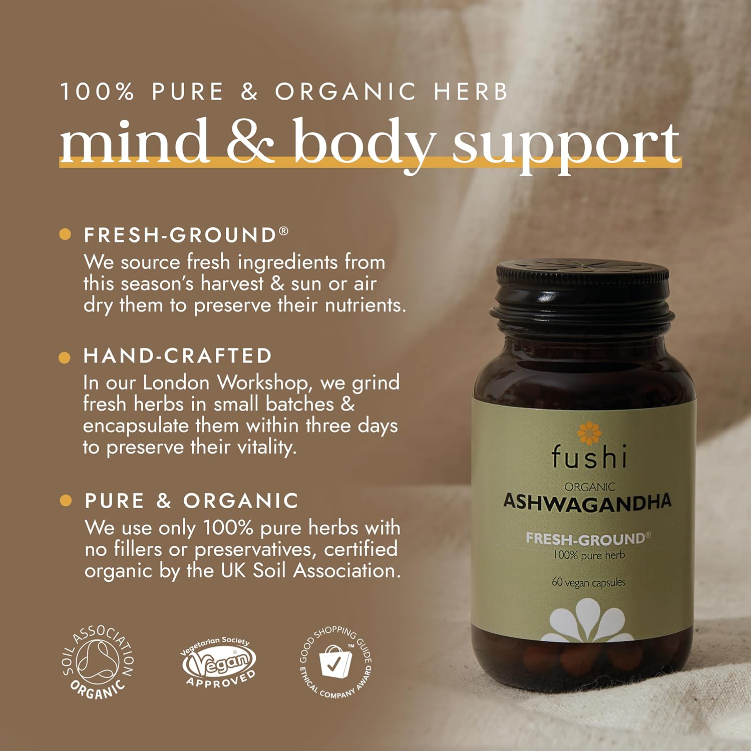 Fushi Ashwagandha Organic Herbal Supplement 340 mg, 60 Caps | Fresh-Ground Wholefood | Adaptogen, Immune, and Energy | Ethical & Vegan | Ayurveda Formula Known as WithaniaSomnifera : Amazon.co.uk: Health & Personal Care