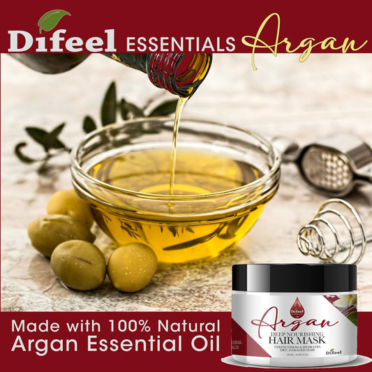 Difeel Essentials Deep Nourishing Argan Hair Mask 8 Oz. - Deep Conditioning Hair Treatment Mask, Dry Hair Treatment Mask Made With 100% Essential Oils