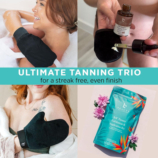 Self Tanner Tanning Mitt Set - Complete Tanning Mitts Kit With Exfoliating Gloves, Face And Body Tanner Glove For The Perfect Fake Self Tan Mit - Self Tanner Glove Mitt Tanning Lotion Applicator