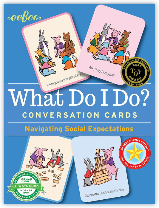 eeBoo: What Do I Do? Conversation Flashcards, Helps Develop Empathy Through Illustrations of Social Situations That Show Complex Emotions, Valuable Communication Skills Formed, for Ages 3 and up