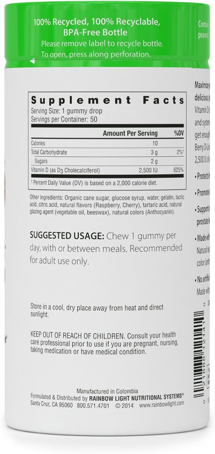 Rainbow Light - Berry D-Licious 2,500 IU Vitamin D3 Gummy - Ultra Potency Vitamin D Supplement Supports Bone and Muscle Strength, Calcium Absorption, and Circulatory Health; Gluten-Free - 50 Count