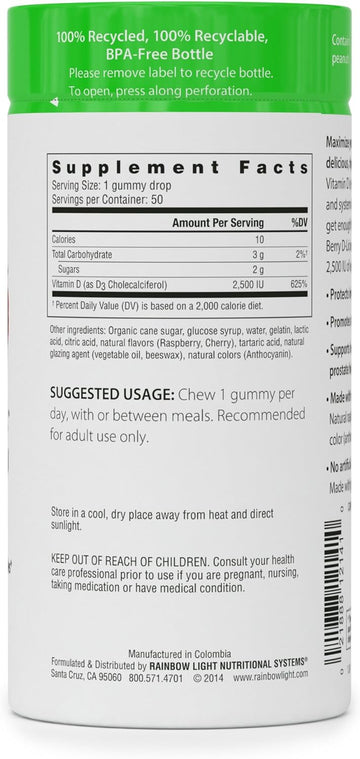 Rainbow Light - Berry D-Licious 2,500 IU Vitamin D3 Gummy - Ultra Potency Vitamin D Supplement Supports Bone and Muscle Strength, Calcium Absorption, and Circulatory Health; Gluten-Free - 50 Count