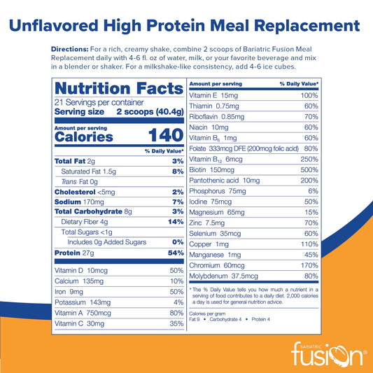 Bariatric Fusion Unflavored Meal Replacement 27G Protein Powder, 21 Serving Tub For Bariatric Surgery Patients Including Gastric Bypass And Sleeve Gastrectomy - No Gluten, Aspartame Or Sugar