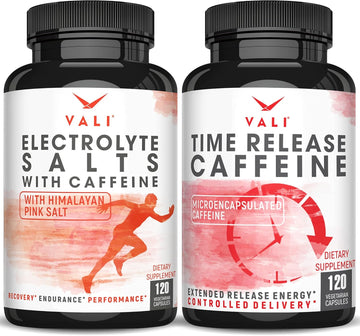 Vali Time Release Caffeine Electrolyte Salts With Caffeine Bundle - Smart Slow Release Caffeine For Extended Energy, Focus & Alertness And Rapid Oral Rehydration For Hydration Fluid Recovery