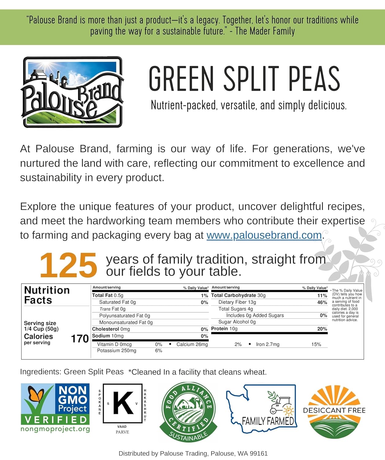 Split Peas | Green | 25 LBS | Family Farmed in Washington State | Non-GMO Project Verified | Non-Irradiated | Kosher Parve | Field Traced | High in Protein : Dried Split Peas : Grocery & Gourmet Food