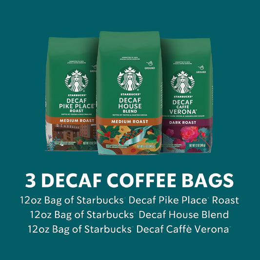 Starbucks Medium & Dark Roast Decaf Ground Coffee, Variety Pack, 3 Bags (12 Oz Each)
