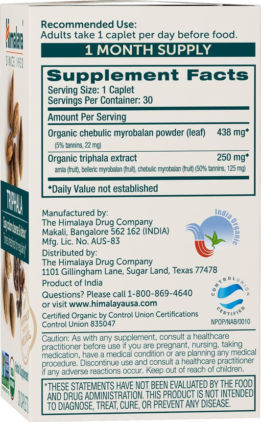 Himalaya Organic Triphala Herbal Supplement For Colon Cleansing, Supports Regularity, Occasional Bloating, Waste Elimination, Usda Organic, Non-Gmo, Vegan, 688 Mg, 30 Plant-Based Caplets