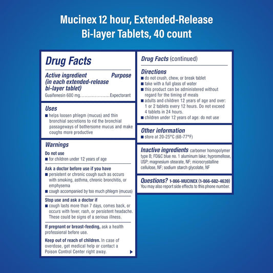 Chest Congestion, Mucinex 12 Hour Extended Release Tablets, 40ct, 600 mg Guaifenesin Relieves Chest Congestion Caused by Excess Mucus, #1 Doctor Recommended OTC expectorant