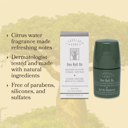 L'Erbolario Uomo Roll On Deodorant - Men'S Deodorant With Baobab And Green Coffee Extract - Inhibits Odors, Softens Skin - For All Skin Types - 1.6 Oz