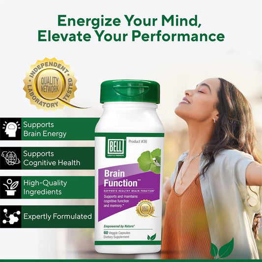 Bell Brain Function Lifestyle, Supports Cognitive Health With Ginkgo, Vitamin B12, Folate - 60 Vegetarian Capsules