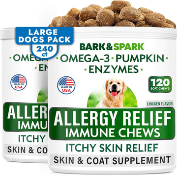 Bark&Spark Dog Allergy Relief Chews (240 Immune Treats) - Anti-Itch Skin & Coat Supplement - Omega 3 Fish Oil - Itchy Skin Relief Treatment Pills - Itching & Paw Licking - Dry Skin&Hot Spots - Chicken