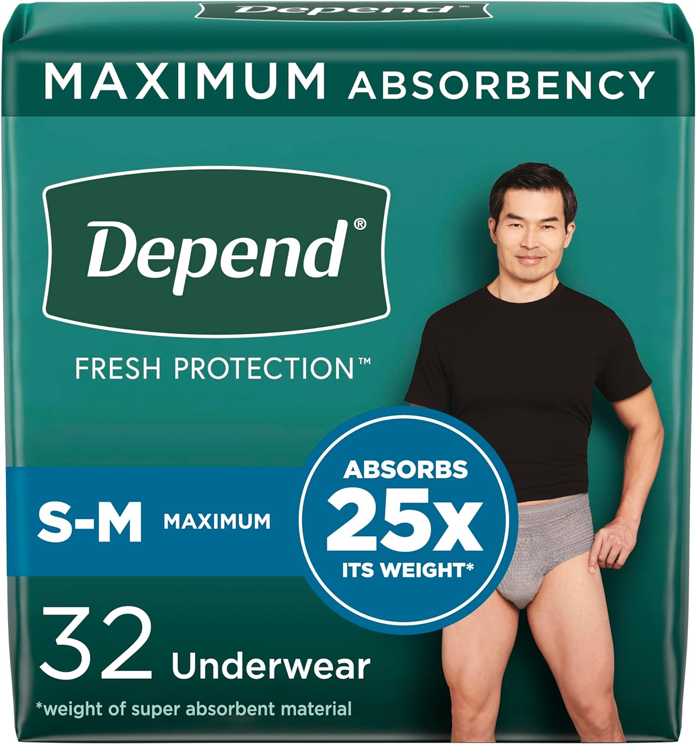Depend Fresh Protection Adult Incontinence Underwear for Men (Formerly Depend Fit-Flex), Disposable, Maximum, Small/Medium, Grey, 32 Count, Packaging May Vary