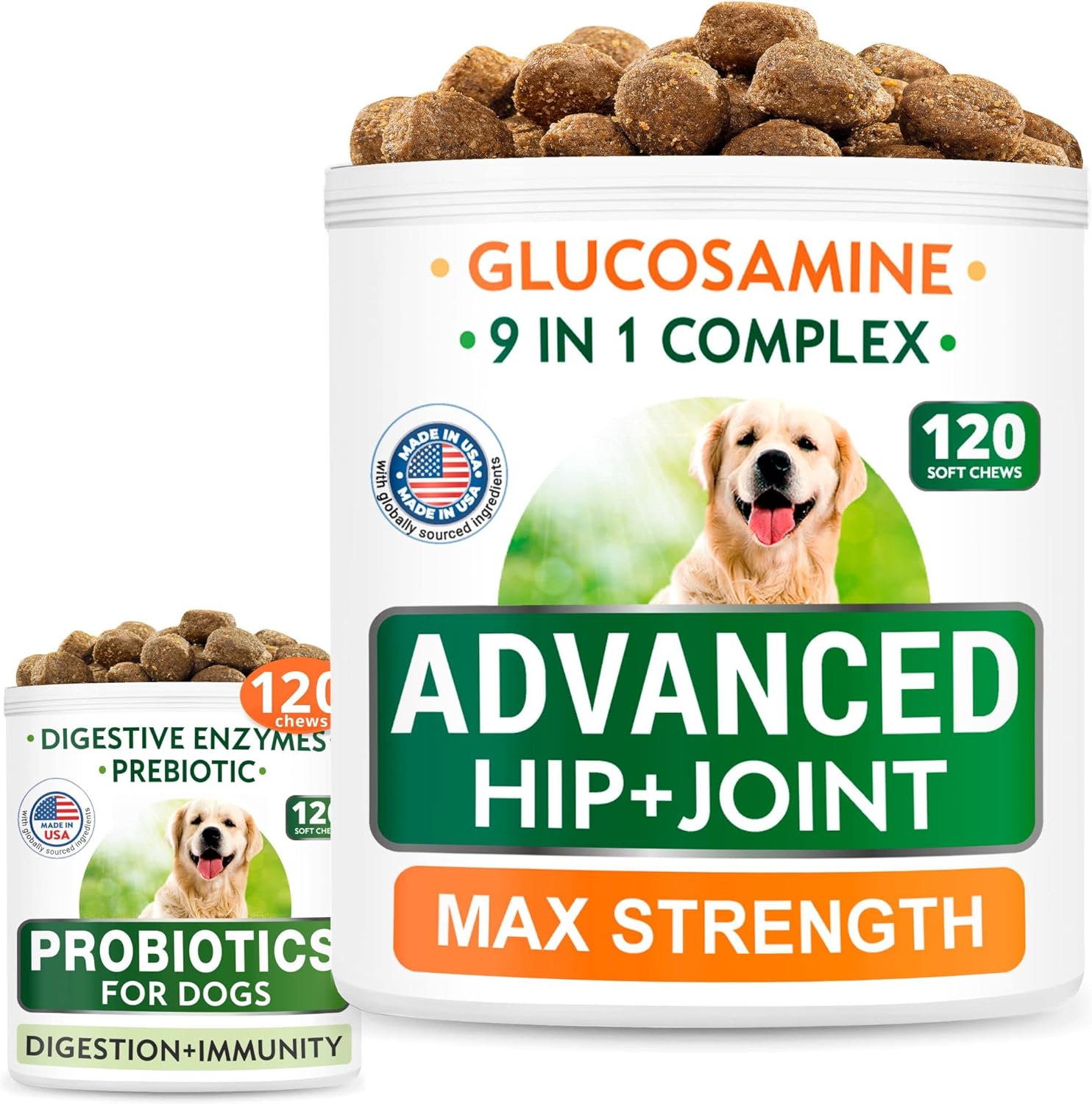 Glucosamine Treats + Probiotics Chews Bundle - Senior Advanced Joint Health + Upset Stomach Relief - Chondroitin, Omega-3 + Digestive Enzymes, Prebiotics - Hip & Joint Care + Improve Immunity - 240Ct