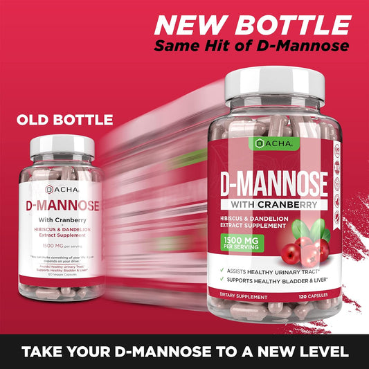 Natural D-Mannose Capsules 4-In-1 Formula - 120 Caps, 1500 Mg Cranberry, Dandelion, Hibiscus Flower Extract, Pills For Supporting Bladder And Urinary Tract Health