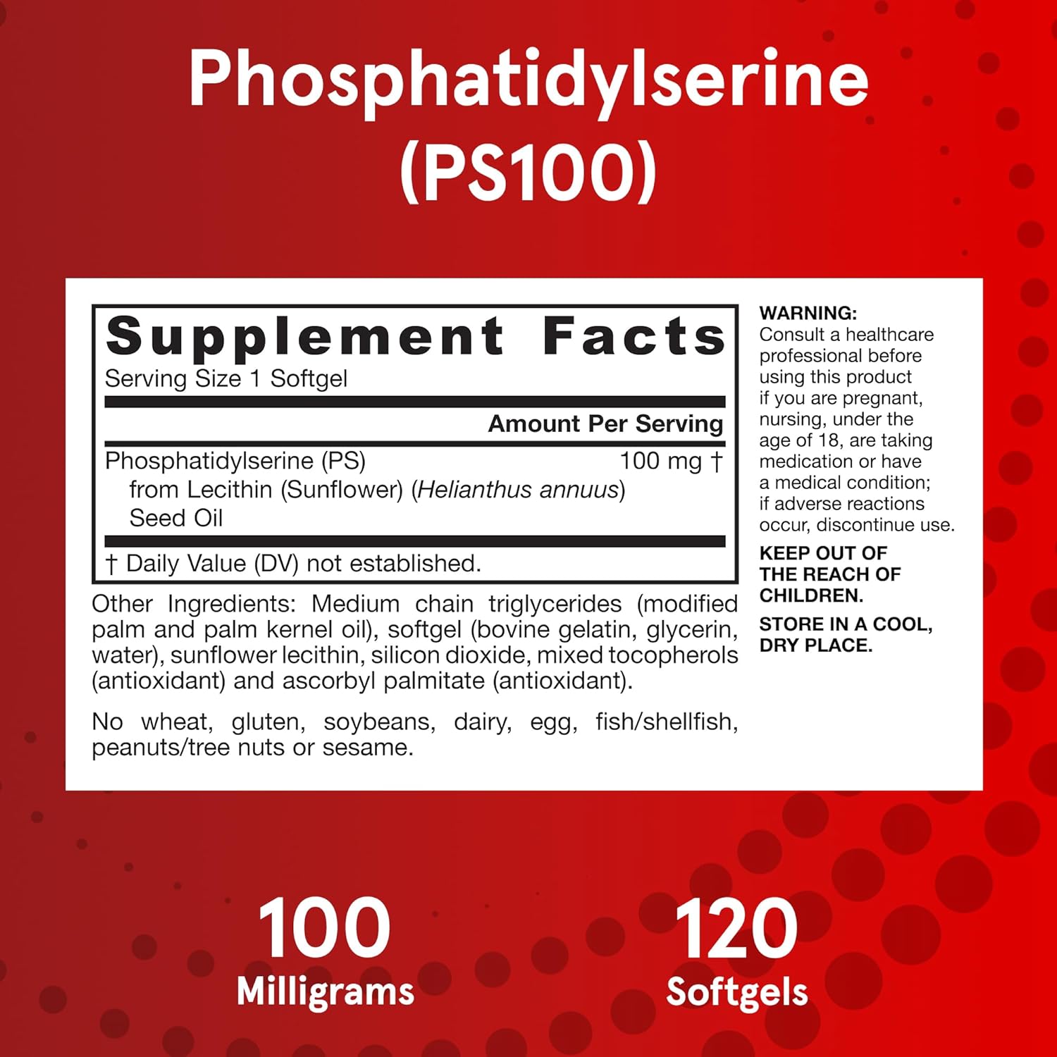 Jarrow Formulas PS100 Phosphatidylserine 100 mg, Dietary Supplement for Brain Health and Cognition Support, 120 Softgels, 40-120 Day Supply : Health & Household