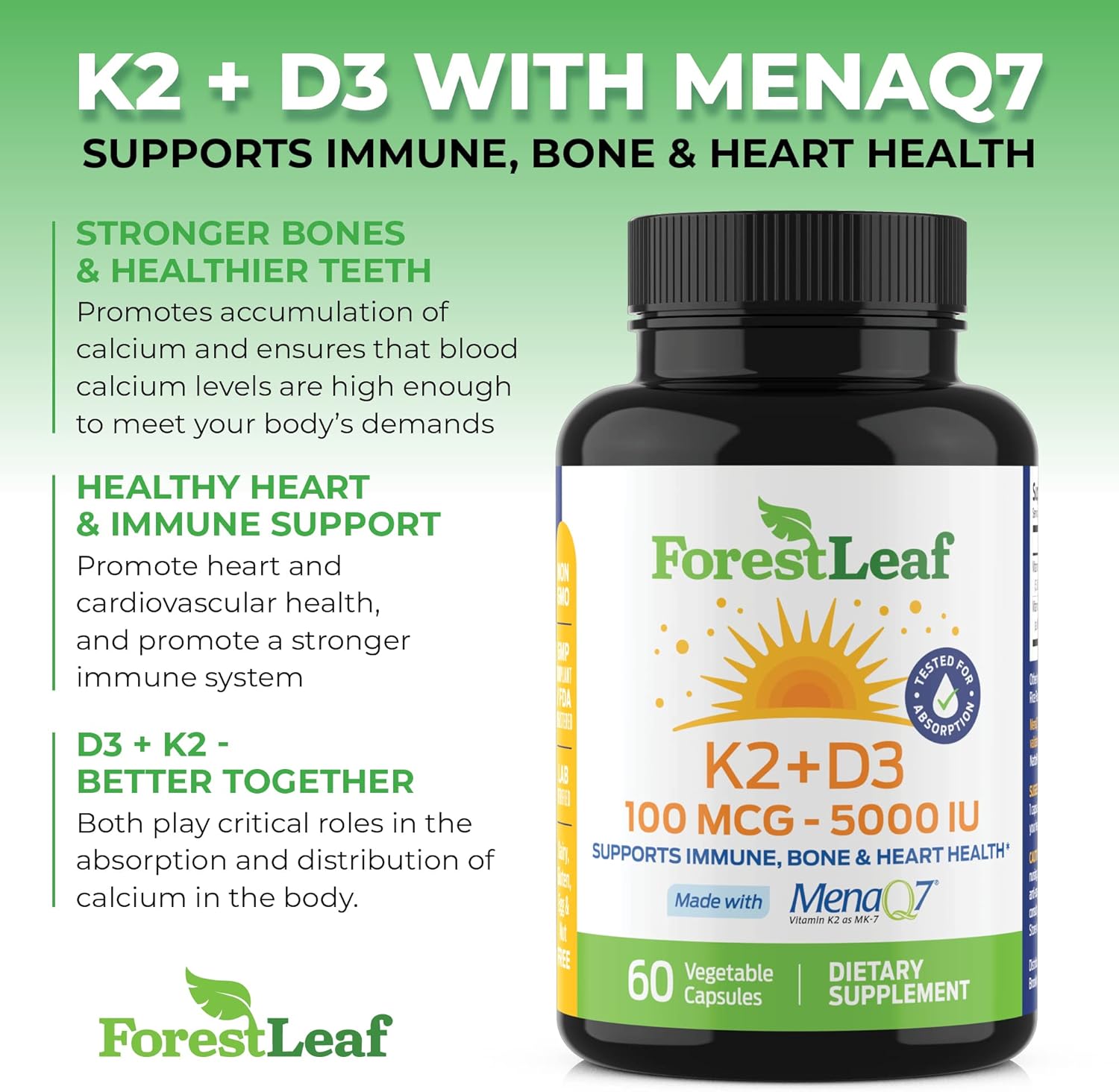Forestleaf Vitamin D3 + K2 (Mk7) Supplement - Menaq7 - Calcium And Vitamin D3 5000 Iu Max Absorption - Teeth And Bone Strength, Heart Health, Immune System Support - 60 Veggie Capsules