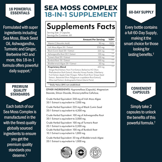 Bioschwartz Sea Moss Black Seed Oil Ashwagandha Ginger Supplement With Turmeric Berberine Hci Burdock Bladderwrack Resveratrol Elderberry Manuka Honey Apple Cider Vinegar Acv - 120 Sea Moss Capsules