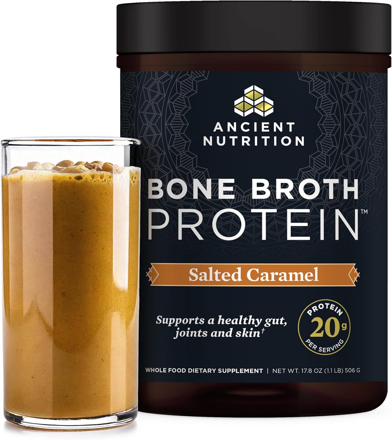 Ancient Nutrition Bone Broth Protein Powder, Salted Caramel, 19G Protein Per Serving, Beef, Supports Healthy Skin, Gut Health, Joint Supplement, Gluten Free, Paleo And Keto Friendly, 20 Servings