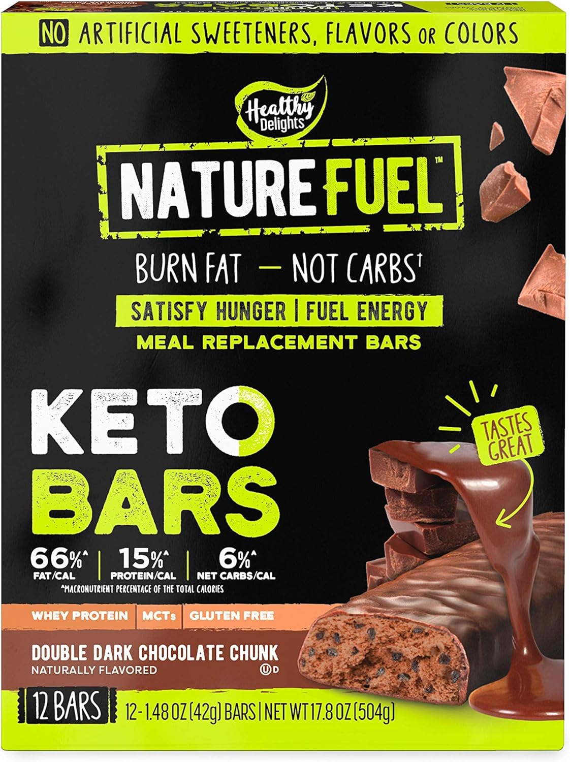 Nature Fuel Low Carb Meal Replacement Bar, Keto Friendly Snack for Weight Loss with 0g Added Sugar & Whey Protein MCTs, Double Dark Chocolate Chunk, 12 Count Box