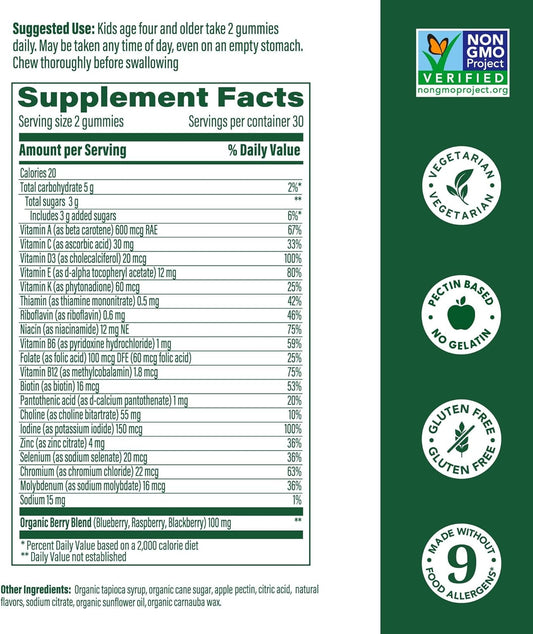 Megafood Kids Multivitamin Gummies - Kids Vitamins - Age 4+ With Vitamin C, Vitamin D, Zinc, Choline, And Real Fruit - Brain & Immune Support - Berrylicious Flavor - 60 Gummies (30 Servings)