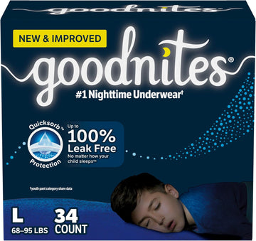 Goodnites Boys' Nighttime Bedwetting Underwear, Size Large (68-95 Lbs), 34 Ct (2 Packs Of 17), Packaging May Vary