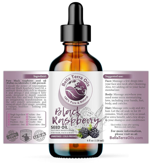Bella Terra Oils - Black Raspberry Seed Oil 4oz - A Mélange of Antioxidants & Essential Fatty Acids, Offering the Skin the Finest of Nature's Nourishing Secrets