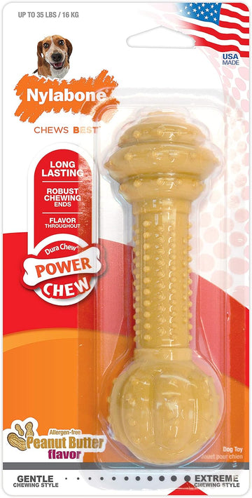 Nylabone Power Chew Barbell Bone Chew Toy For Dogs, Durable Dog Toy, Peanut Butter Flavor, Medium - Up To 35 Lbs. (1 Count)