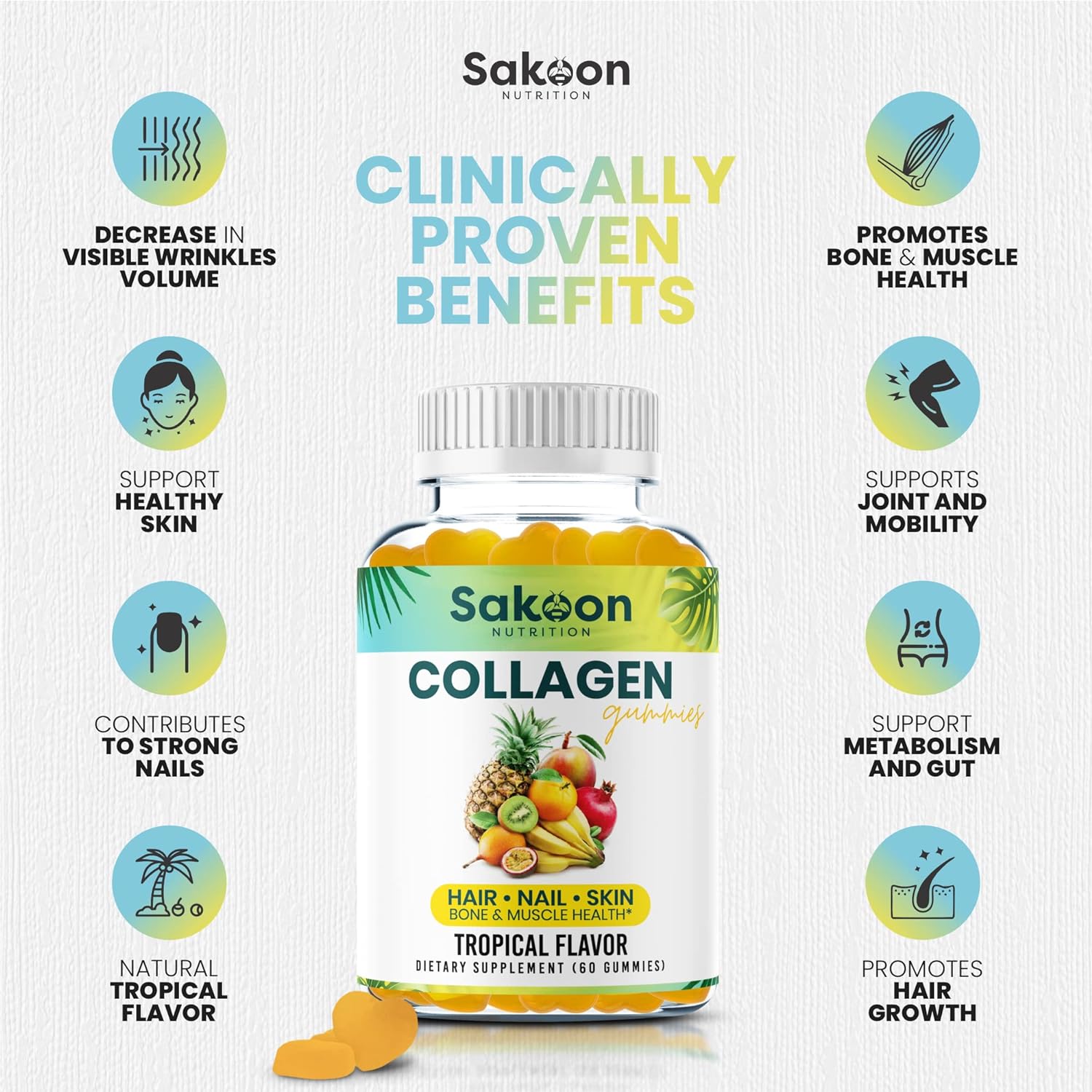 Sakoon nutrition Halal Collagen Gummies for Women and Men - Anti Aging, Hair Growth, Skin Care & Strong Nails Protein Collagen Supplements - Non-GMO, Gluten Free - Made in USA : Health & Household