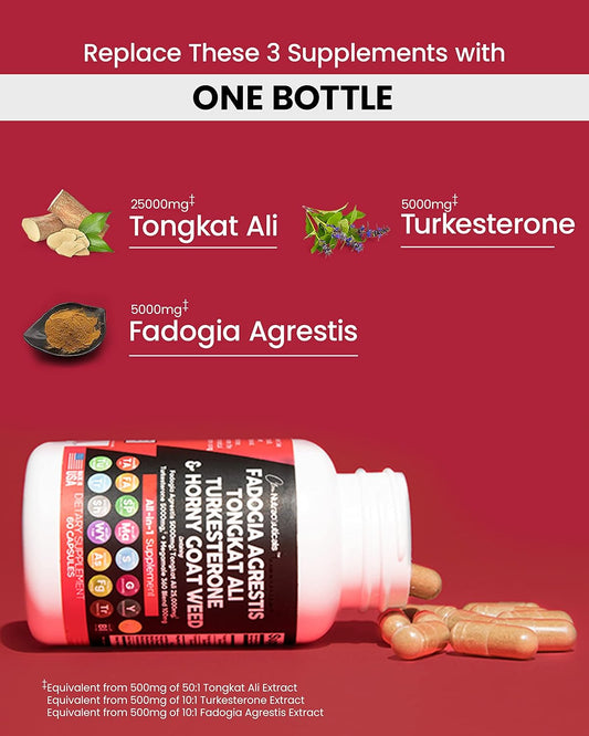 Clean Nutraceuticals Fadogia Agrestis 5000mg Tongkat Ali 25000mg Turkesterone 5000mg Supplement with Horny Goat Weed, Maca Root, Siberian Ginseng, Tribulus Terrestris, Wild Yam USA - 60 Count