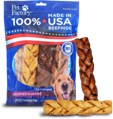Pet Factory 100% Made In Usa Beefhide 7" Braided Sticks Dog Chew Treats - Beef & Chicken Flavor, 6 Count/1 Pack