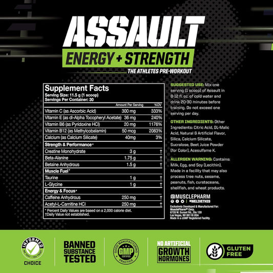 Muscle Pharm Assault Energy & Strength Pre Workout Powder For Men & Women With Beta Alanine, Caffeine, Creatine & Betaine Anhydrous, Pre-Workout Supplements, 30 Servings, Hwachae Melon Flavor