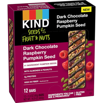 Kind Seeds Fruit & Nuts Snack Bar, Dark Chocolate Raspberry Pumpkin Seed | 5G Protein, High Fiber, Gluten Free Bars, 1.4 Oz, 12 Count